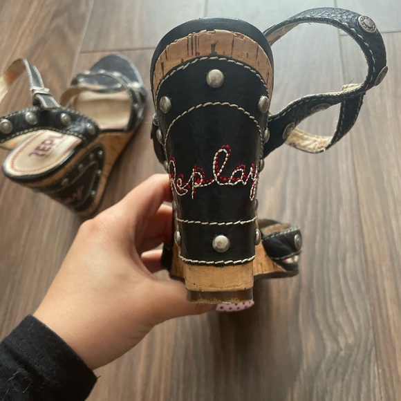 Replay Black Studded Cork Wedge Sandals with Silver Accents - Picture 3 of 5